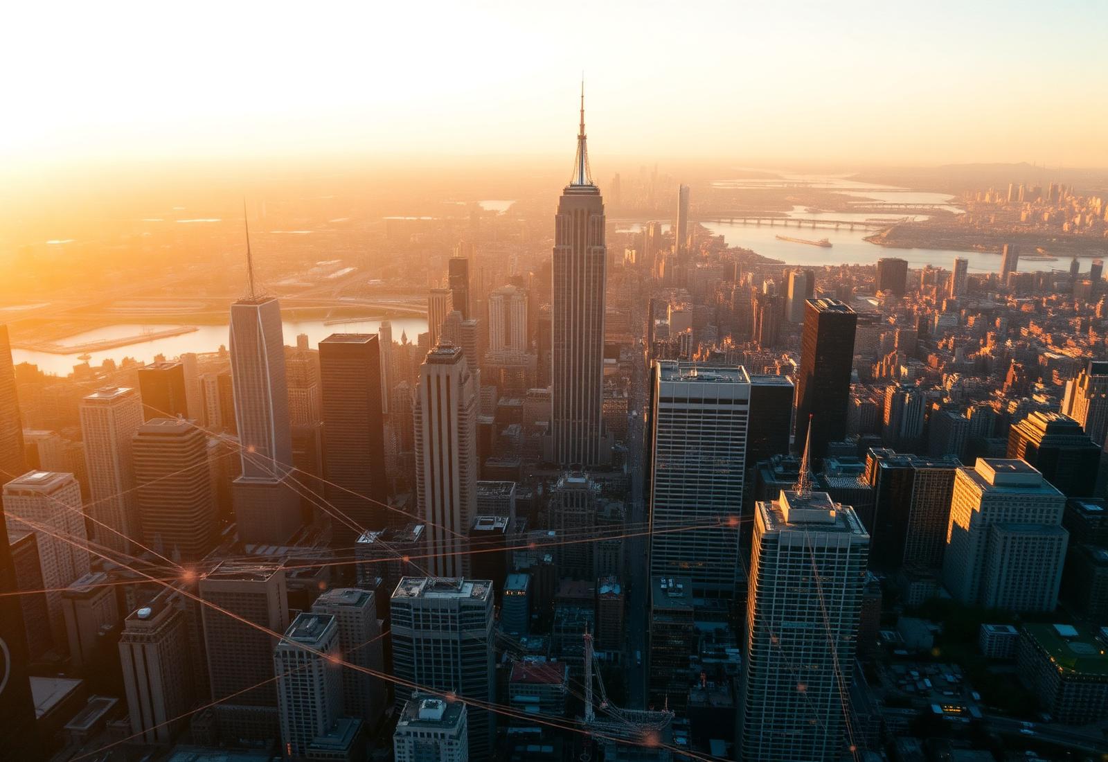 City skyline at golden hour with subtle network lines overlaid