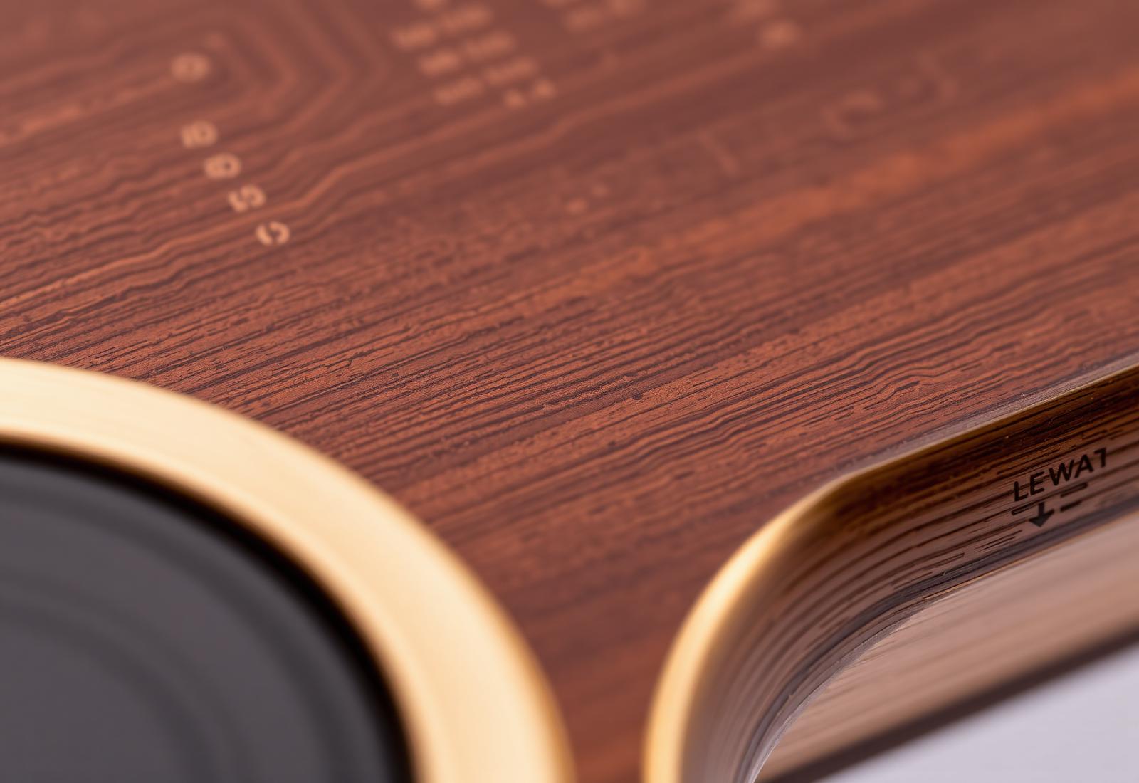 Macro photograph of brushed brass and walnut surface with subtle circuit engraving