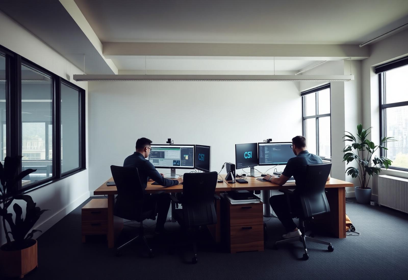 Engineers collaborating at a wooden desk in a quiet open-plan studio